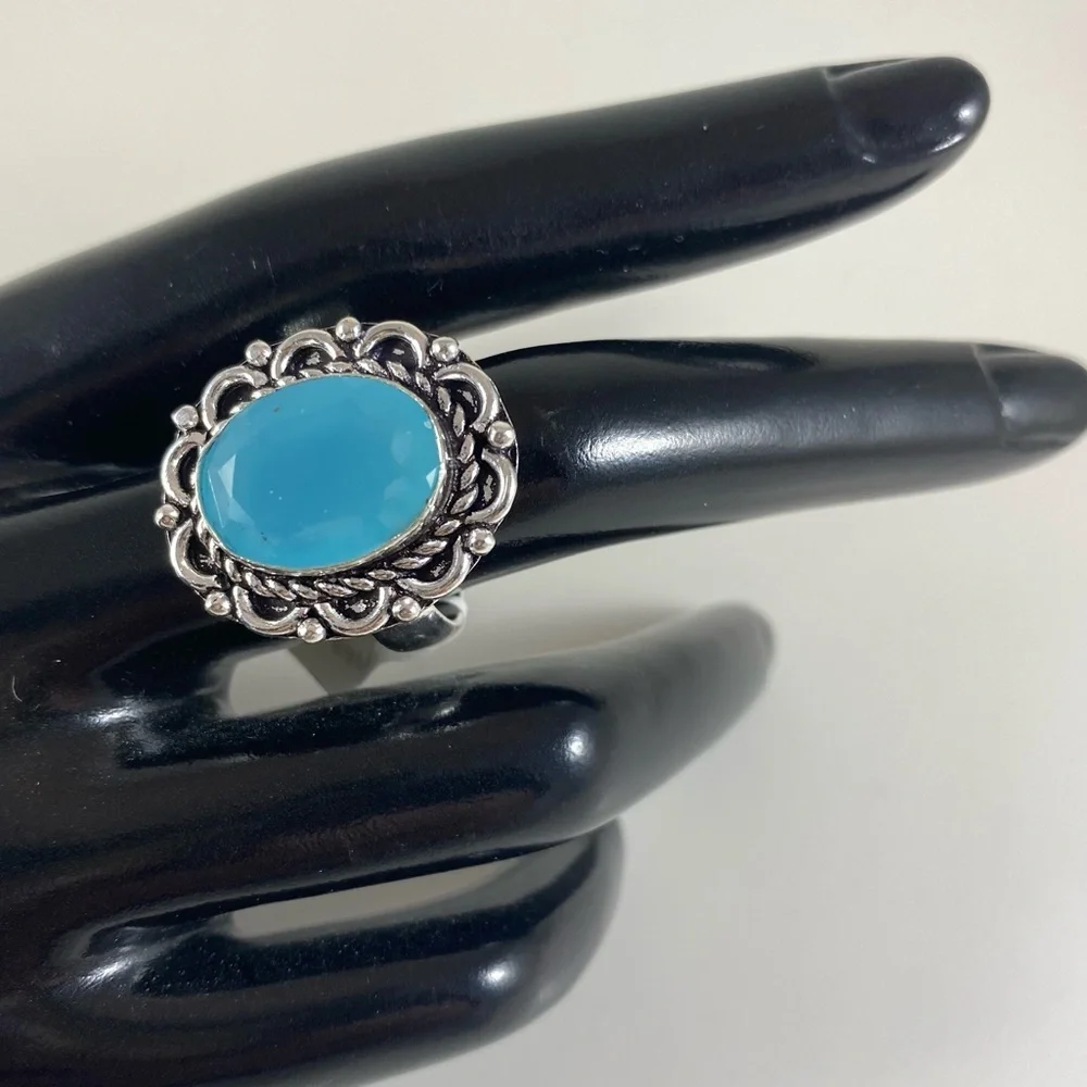 Ornate Aqua quartz cabochon German silver ring size 9 NEW